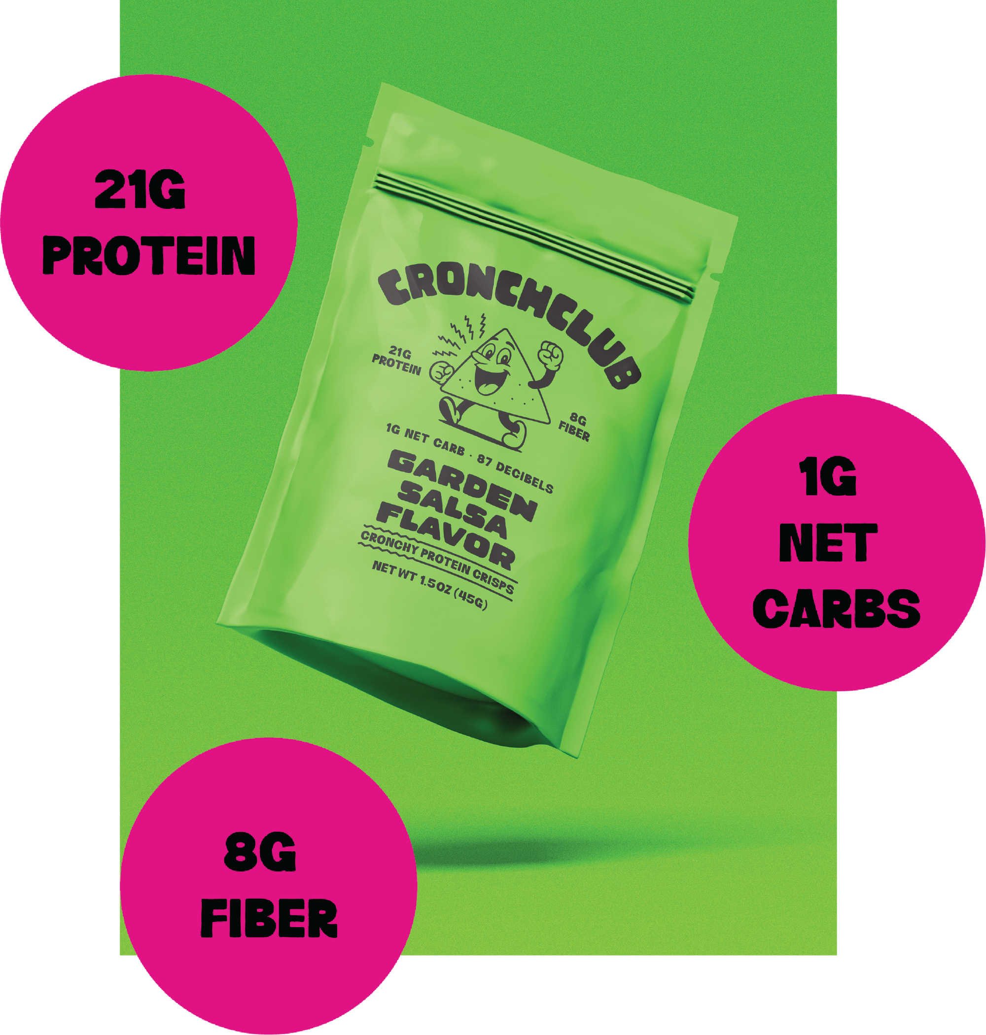 Front of green CronchClub Garden Salsa flavor bag. Floating pink bubbles highlight key nutrition stats: 21g Protein, 1g Net Carbs, and 8g Fiber.