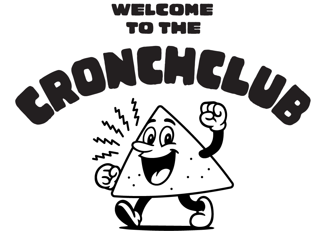 Triangular mascot Cronchy the Crisp with a fist in the air beneath text saying 'Welcome to the CronchClub'