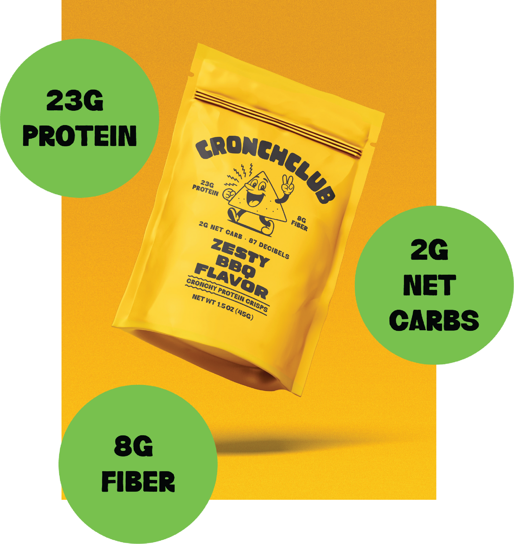 Front of yellow CronchClub Zesty BBQ flavor bag. Floating green bubbles highlight key nutrition stats: 23g Protein, 2g Net Carbs, and 8g Fiber.