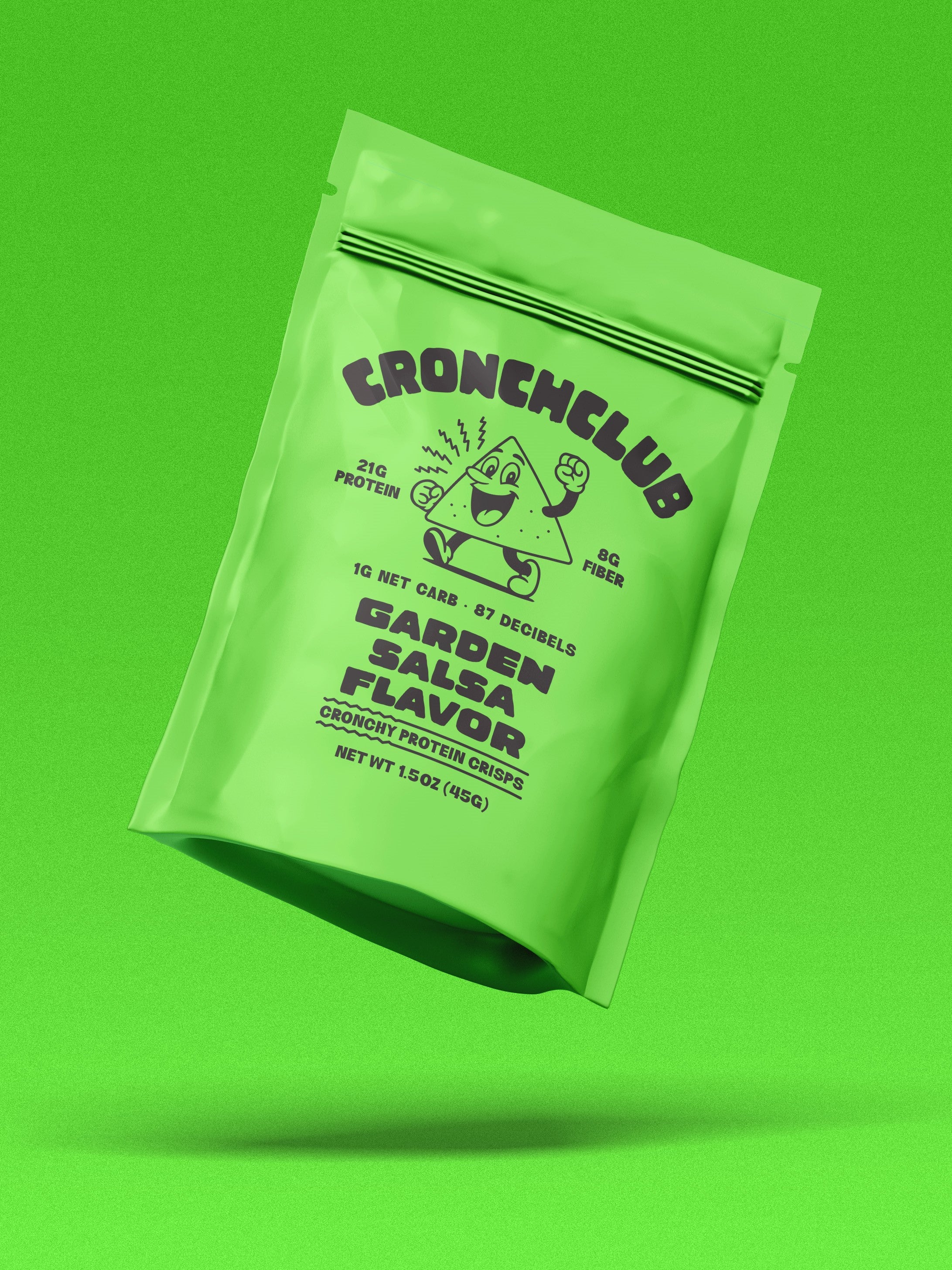 Floating green Cronchclub bag against a matching green background. Garden Salsa Flavor. The mascot Cronchy is shown next to text reading '21g Protein' and '87 Decibels'