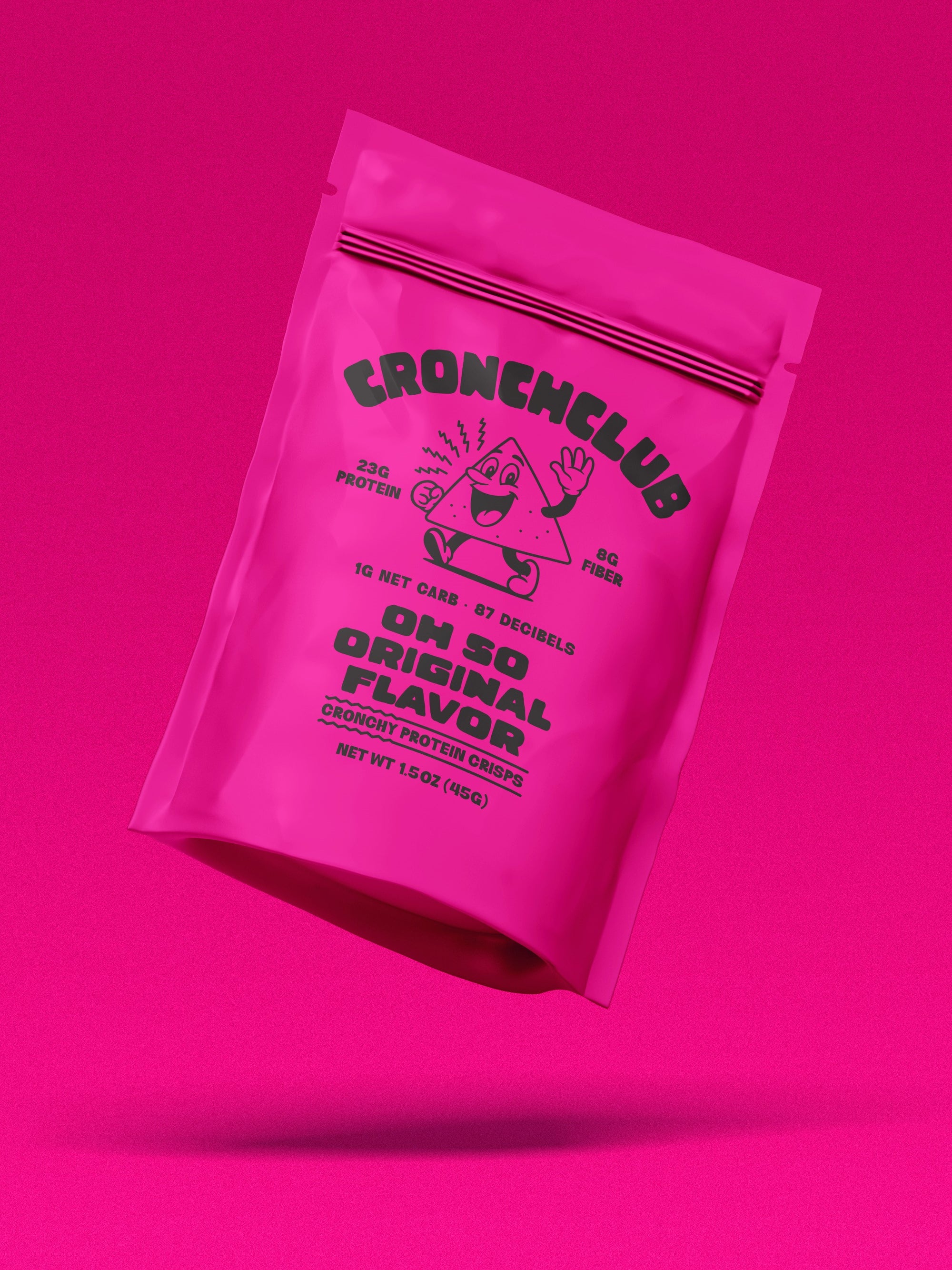 Floating pink Cronchclub bag against a matching pink background. Oh So Original Flavor. The mascot Cronchy is shown next to text reading '23g Protein' and '87 Decibels'