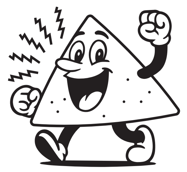 Triangular mascot Cronchy the Crisp with a hand in a fist 