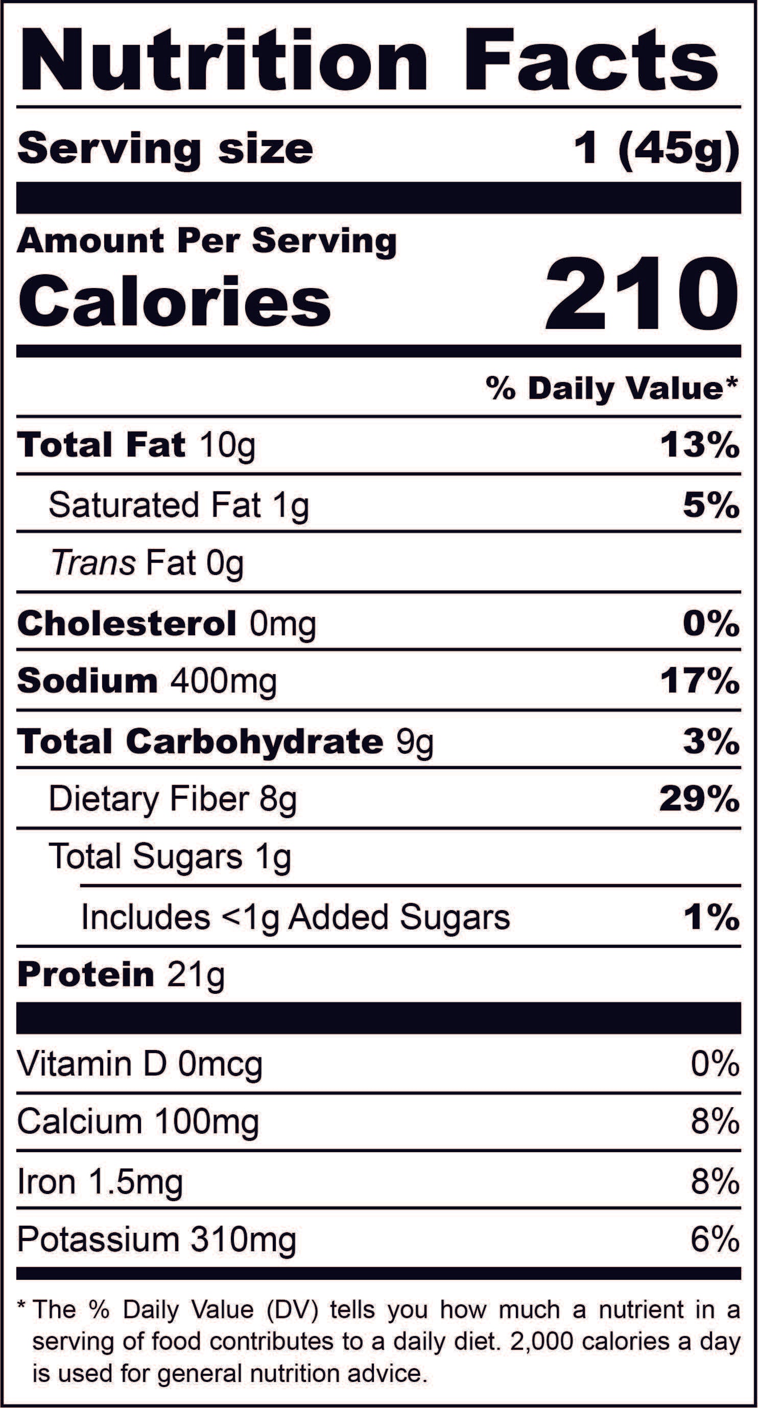 Nutrition Facts label for one 45g serving. Full nutritional breakdown is listed in the product description below