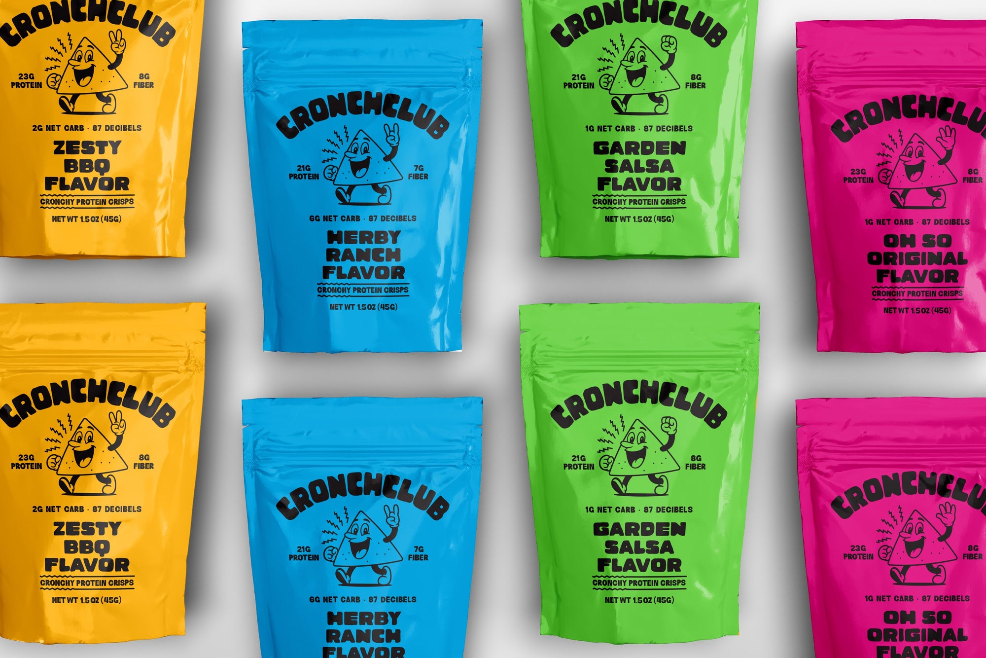 Grid display of Cronchclub protein crisps. Includes four flavors: Zesty BBQ (Yellow), Herby Ranch (Blue), Garden Salsa (Green), and Oh So Original (Pink)