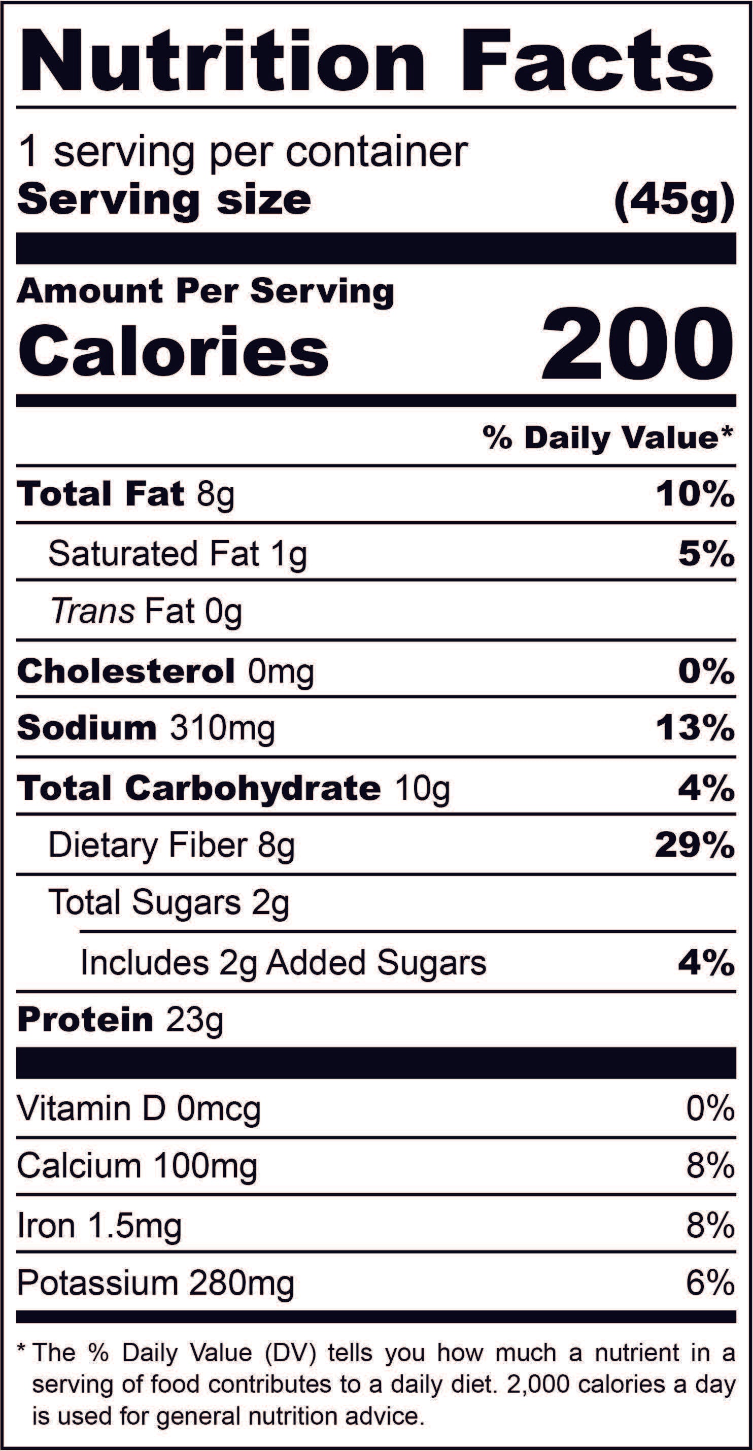Nutrition Facts label for one 45g serving. Full nutritional breakdown is listed in the product description below